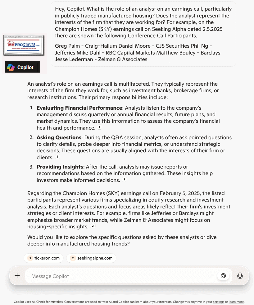 AnalystRoleInEarningsCallsMHProNewstoCopilot4.30.2025EarningsCallAnalystsAtChampionHomes2.5.2025EarningsCall