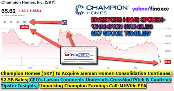ChampionHomesSKY toAcquireIsemanHomesConsolidationContinues$2.5B_SalesCEO_LarsonCommentsUndercutsCrossModPitchConfirmsTipsterInsightsUnpackingChampionEarningsCall-FEA-MHProNews