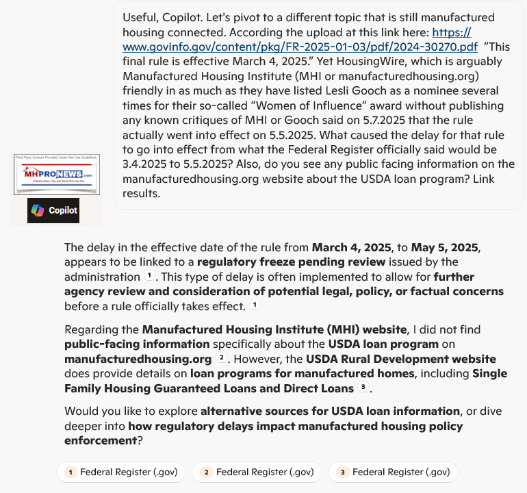 CopilotDelayImplementingUSDA-RuralHousingServiceLoanProgramReviewByTrumpAdminPendingRegsMHProNewsConfirmsNoPublicFacingInformationByMHIonUSDA-LoansOn5.12.2025