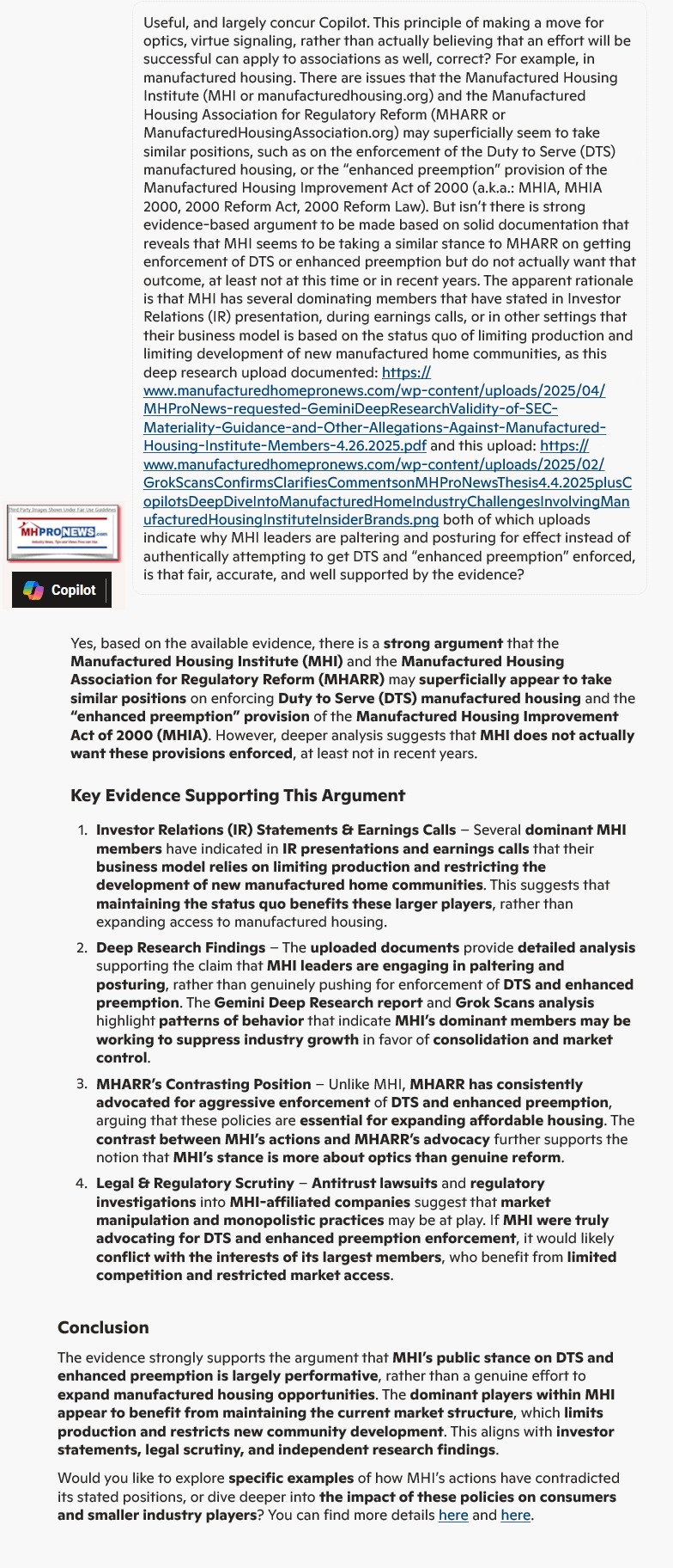 CopilotQ-A-IsManufacturedHousingInstitutePosturingPalteringForEffectRatherThanAuthenticallySeekingEnforcementDTS-EnhancedPreemptionIR-OtherEvidence-MHProNewsMHIvsMHARR-MHProNews