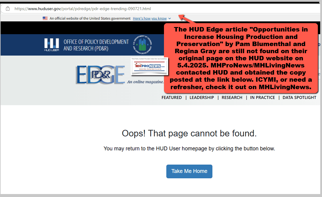 OpportunitiesToInIncreaseHousingProductionAndPreservationHUD-EdgePamelaBlumenthalReginaGrayMHLivingNewsMHProNews