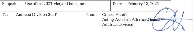 2023MergerGuidelinesOmeedAssefiThenActingAssistantAttorneyGeneralAntitrustDivisionDepartmentOfJusticeDOJ-MemoHeaderFeb2025MHProNews