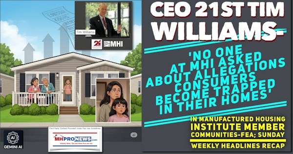 CEO21stTimWilliamsNoOneAtMHIaskedAboutAllegationsConsumersBecomeTrappedInTheirHomesInManufacturedHousingInstituteMemberCommunitiesFEA_SundayWeeklyHeadlinesRecapMHProNews