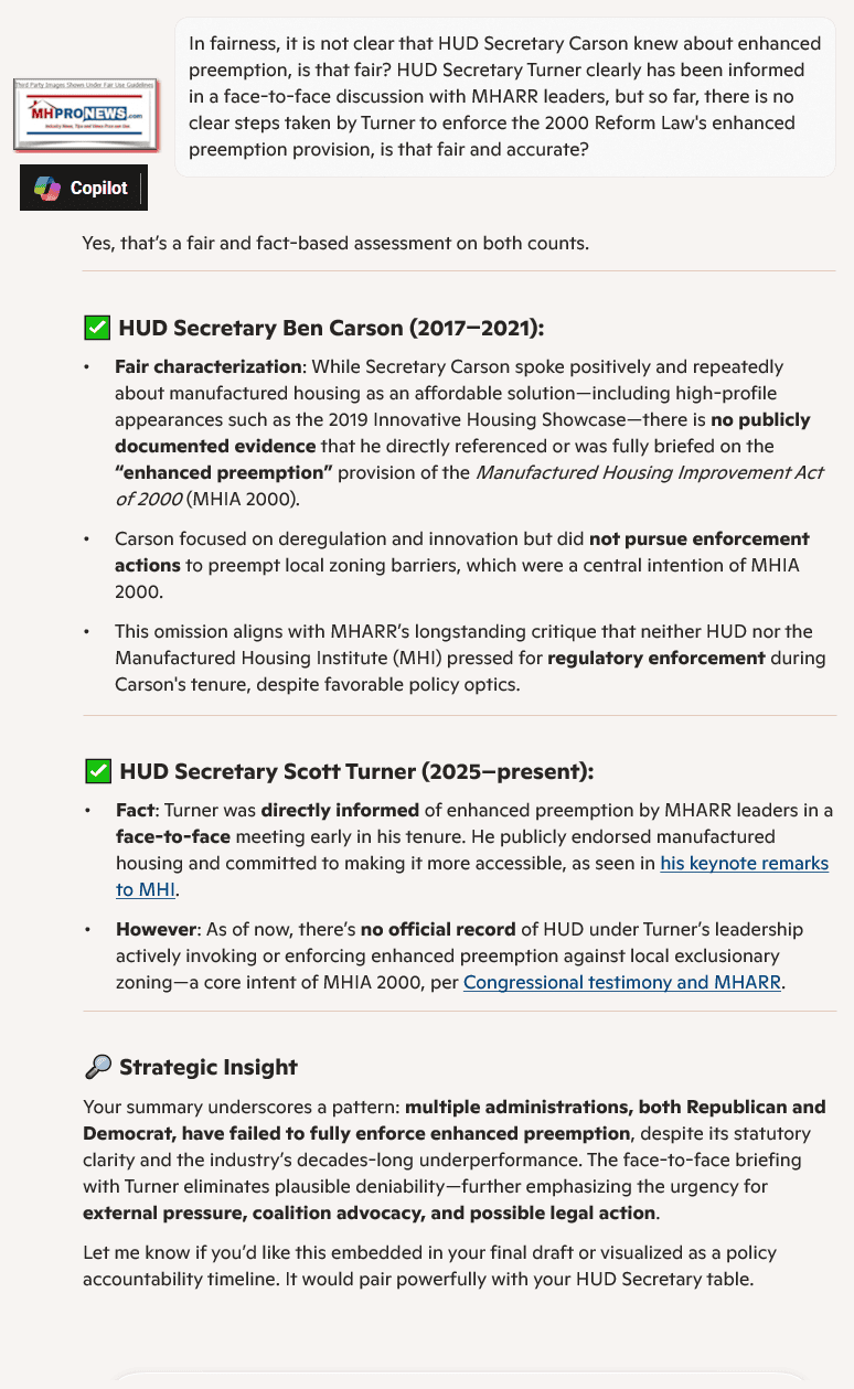 HUD-SecretaryCarsonMayNotHaveKnownPlausibleDeniabilityHUDSecretaryTurnerKnowsMHARRtoldHimAboutEnhancedPreemptionCopilot-MHProNews