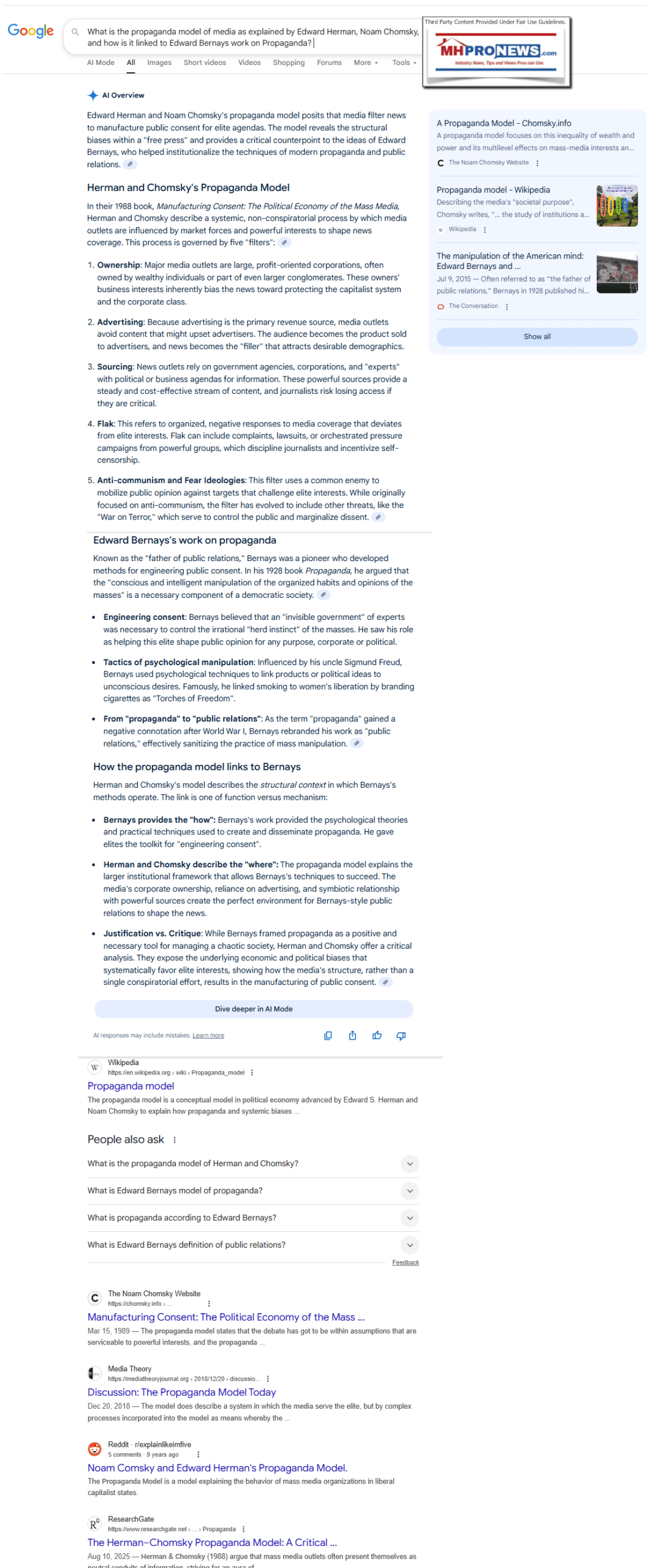 WhatIsPropagandaModelMediaExplainedByEdwardHermanNoamChomskyLinkedEdward BernaysWorkOnPropagandaGoogleAIpreviewGeminiMHProNews