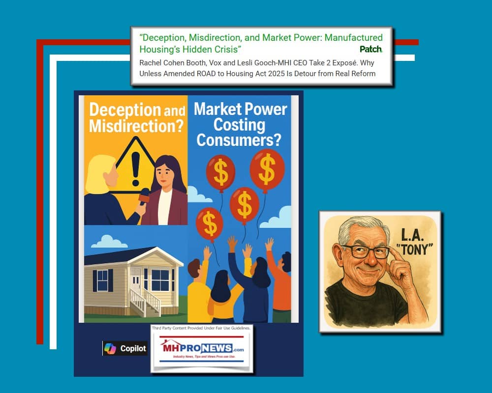 “DeceptionMisdirectionMarketPowerManufacturedHousingHiddenCrisisRachelCohenBoothVoxLesliGoochMHIceoTake2 ExposéUnlessAmendedROADtoHousingAct2025DetourFromRealReformKovachMHProNewsPatch