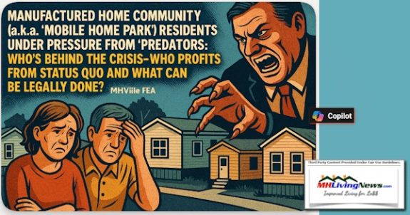 Manufactured Home Community (a.k.a. ‘Mobile Home Park’) Residents Pressured by Purported ‘Predators’; Who’s Behind Crisis—Who Profits from Status Quo and What Can Be Done Legally? MHVille FEA