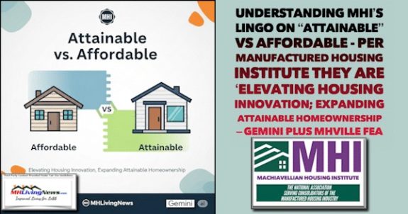 Understanding MHI’s Lingo on “Attainable” vs Affordable – per Manufactured Housing Institute they are ‘Elevating Housing Innovation; Expanding Attainable Homeownership – Gemini plus MHVille FEA