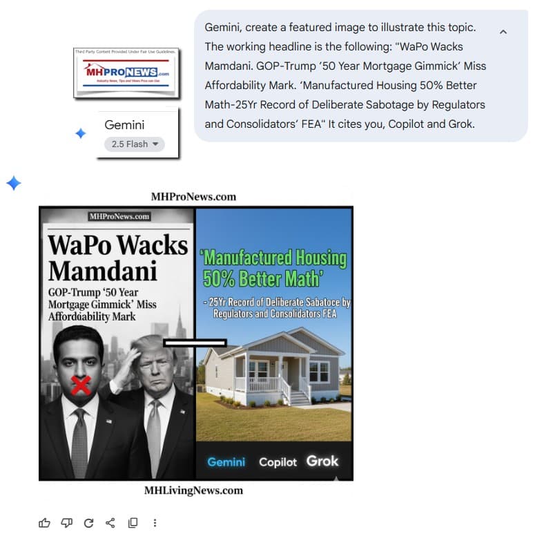 GeminiFeaturedImageWaPoWacksMamdaniGOP-Trump50YearMortgageGimmickMissAffordabilityMarkManufacturedHousing50tterMath-25YrRecordDeliberateSabotageRegulatorsConsolidatorsFEA-MHProNews