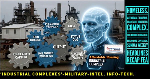 IndustrialComplexesMilitaryIntelInfoTechHomelessAffordableHousingCharitableIndustrialComplexPhilanthroFeudalismPhilanthroCapitalismSundayWeeklyHeadlinesRecapFEA-MHProNews