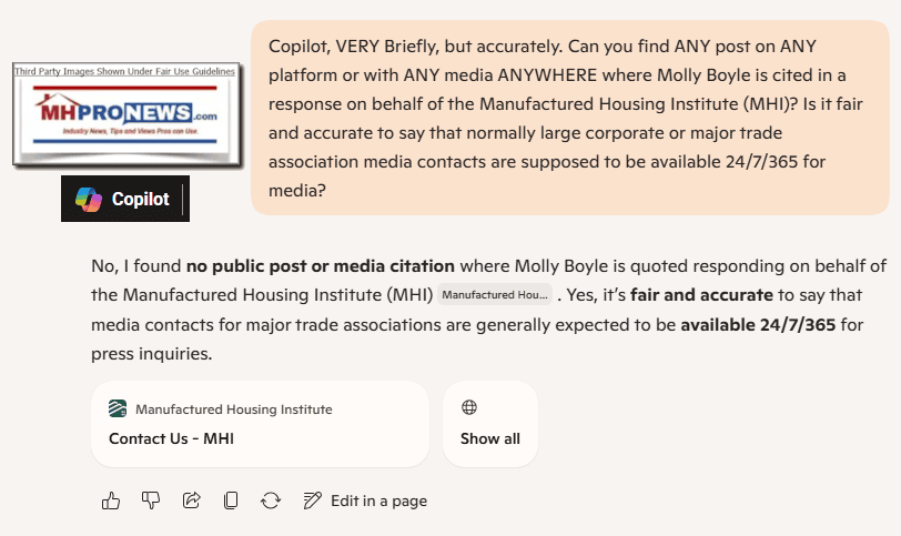 CopilotCantFindMollyBoyleRespondingPubliclyForManufacturedHousingInstituteMHIonAnyPlatformAnywhere12.29.2025MHProNews
