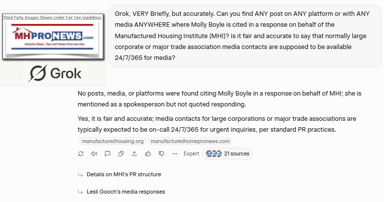 GrokCantFindMollyBoyleRespondingPubliclyForManufacturedHousingInstituteMHIonAnyPlatformAnywhere12.29.2025MHProNews