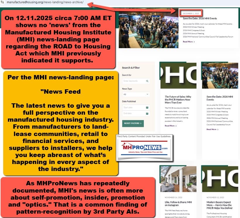 ManufacturedHousingInstituteNewsLandingPage12.11.2025NoMentionOfROADtoHousingAct2025MHProNewsManufacturedHomeProNews