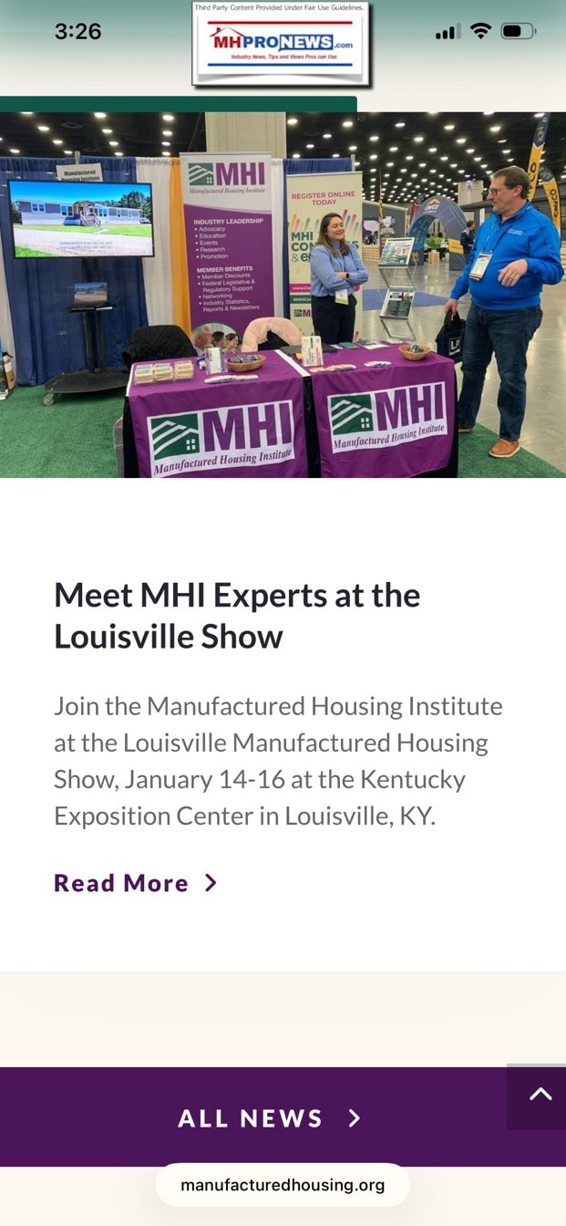 Jan9_3.26AMMobileScreenshotManufacturedHousingInstituteHomePageNewsSegmentLouisvilleShow2026MHProNew