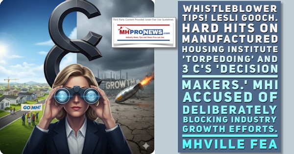 WhistleblowerTipsLesliGooch.HardHitsOnManufacturedHousingInstituteTorpedoing3CsDecisionMakersMHIaccusedOfDeliberatelyBlockingIndustryGrowthEffortsMHVilleFEA-MHProNews