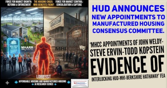 HUDannouncesNewAppointmentsToManufacturedHousingConsensusCommitteeMHCCappointmentsOfJohnWeldySteveErvinToddKopsteinEvidenceOfInterlockingHUD-MHI-BerkshireHathawayFEA-MHProNews