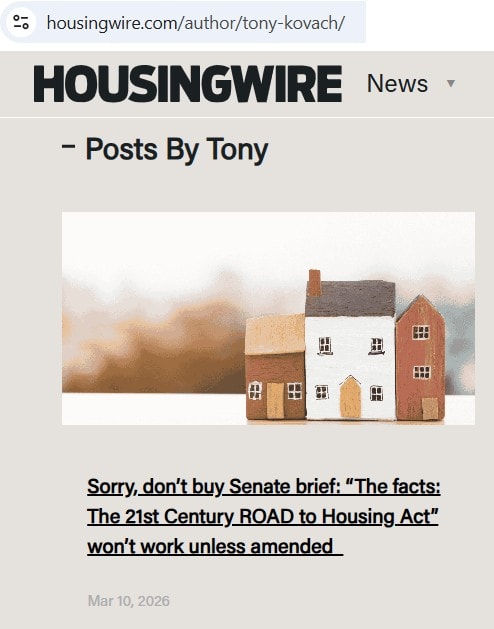 SorryDontBuySenateBrief21stCenturyROADtoHousingActWontWorkUnlessAmended HousingWirePostsByL.A.TonyKovach3.10.2026-ManufacturedHousingProNewsMHProNews