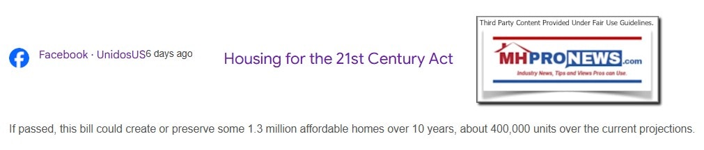 UnidosUSHousingForThe21stCenturyActFacebookPost1.3millionUnitsPreservedOrBuiltOver10YearsMHProNews