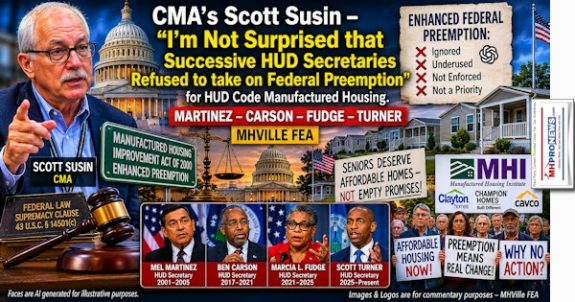 CMAsScottSusinImNotSurprisedThatSuccessiveHUDsecretariesRefusedToTakeOnFederalPreemptionForHUDcodeManufacturedHousingMartinezCarsonFudgeTurnerMHVilleFEA
