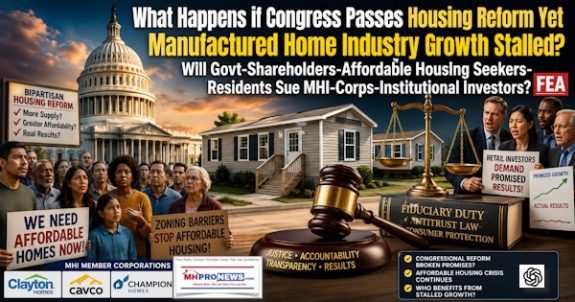 WhatHappensIfCongressPassesHousingReformYetManufacturedHomeIndustryGrowthStalledWillGovtShareholdersAffordableHousingSeekersResidentsSueMHI-CorpsInstitutionalInvestorsFEA