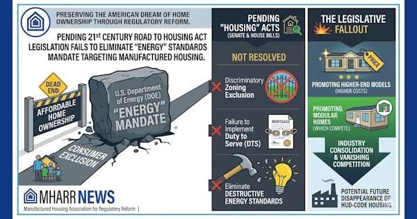 MHARRpending21stCenturyROADtoHousingActLegislationFailsToElminateEnergyStandardsMandateTargetingManufacturedHousingManufacturedAssocForRegReform