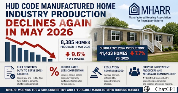 HUDcodeManufacturedHomeIndustryProductionDeclinesAgainInMay2026ManufacturedHousingAssocForRegulatoryReform600x315
