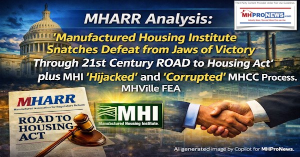 MHARR_AnalysisManufacturedHousingInstituteSnatchesDefeatFromJawsOfVictoryThrough21stCenturyROADtoHousingActPlusMHIhijackedAndCorruptedMHCCprocessMHVilleFEA